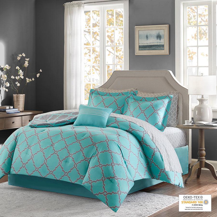 Merritt 20 " D Reversible Comforter and Cotton Sheet Set Aqua Gray Queen Olliix.com