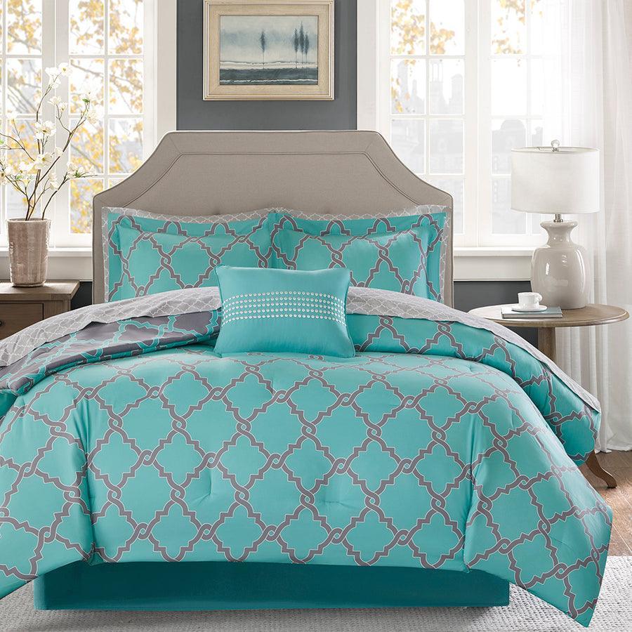 Merritt 20 " D Reversible Comforter and Cotton Sheet Set Aqua Gray Queen Olliix.com