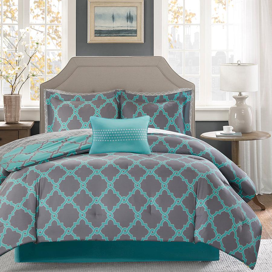 Merritt 20 " D Reversible Comforter and Cotton Sheet Set Aqua Gray Queen Olliix.com