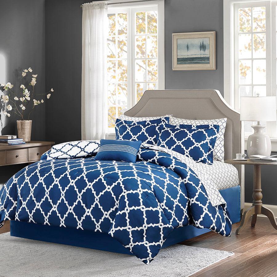 Merritt Full Reversible Comforter and Cotton Sheet Set Navy Olliix.com