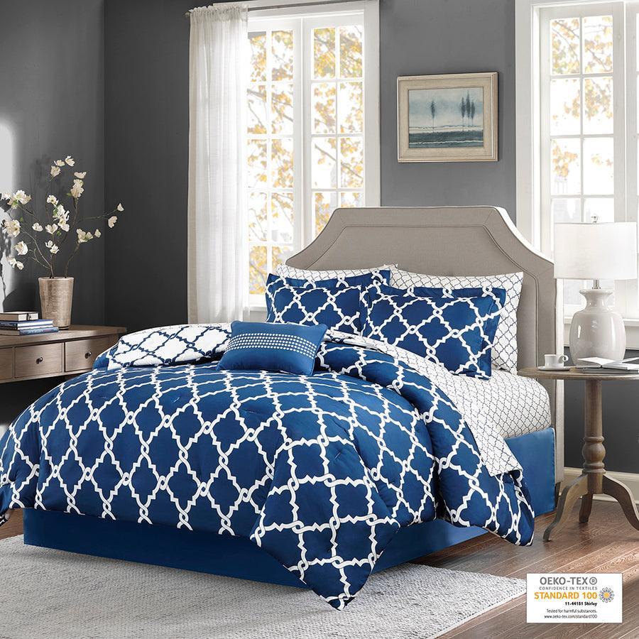 Merritt Full Reversible Comforter and Cotton Sheet Set Navy Olliix.com