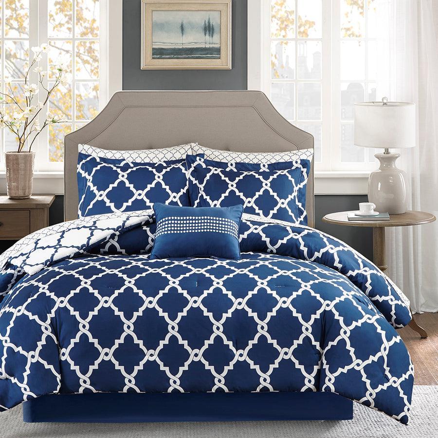 Merritt Full Reversible Comforter and Cotton Sheet Set Navy Olliix.com