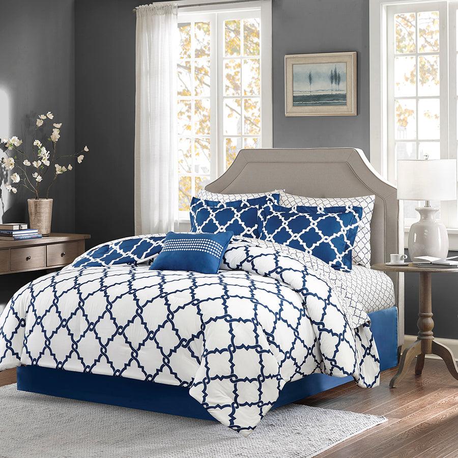 Merritt Full Reversible Comforter and Cotton Sheet Set Navy Olliix.com