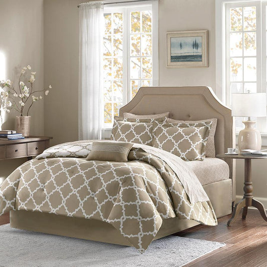 Merritt Reversible Comforter and Cotton Sheet Set Taupe Queen Olliix.com