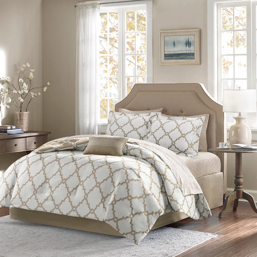 Merritt Reversible Comforter and Cotton Sheet Set Taupe Queen Olliix.com