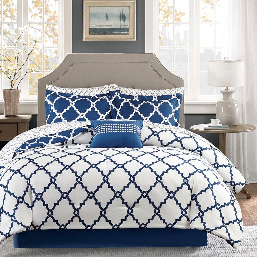 Merritt Traditional Reversible Comforter and Cotton Sheet Set Navy Cal King Olliix.com