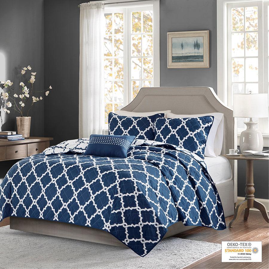 Merritt Transitional 4 Piece Reversible Coverlet Set Full/Queen Navy Olliix.com