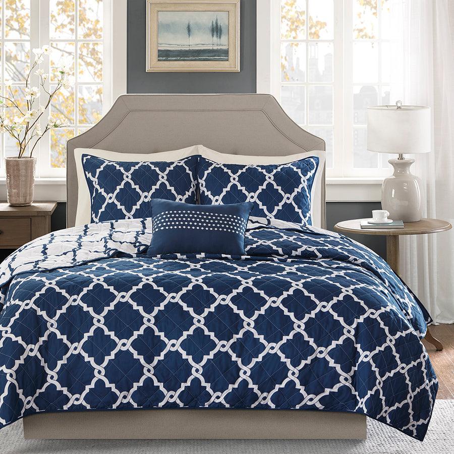 Merritt Transitional 4 Piece Reversible Coverlet Set Full/Queen Navy Olliix.com