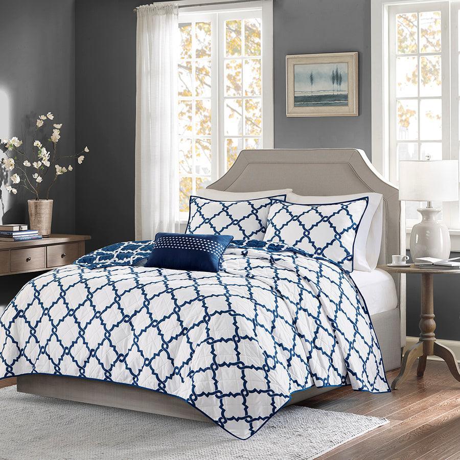 Merritt Transitional 4 Piece Reversible Coverlet Set Full/Queen Navy Olliix.com