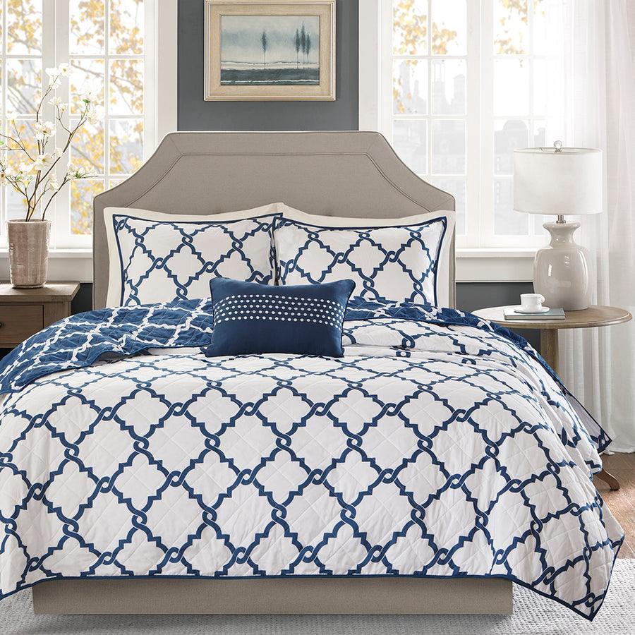 Merritt Transitional 4 Piece Reversible Coverlet Set Full/Queen Navy Olliix.com