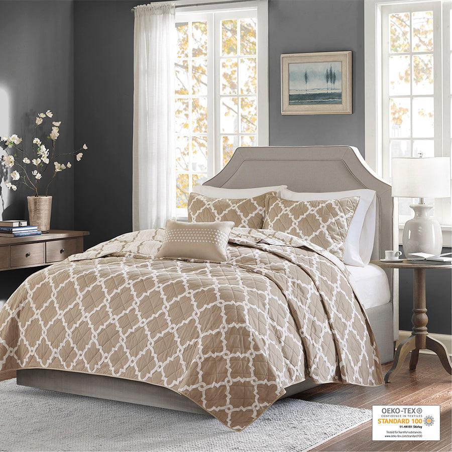 Merritt Transitional 4 Piece Reversible Coverlet Set Full/Queen Taupe Olliix.com