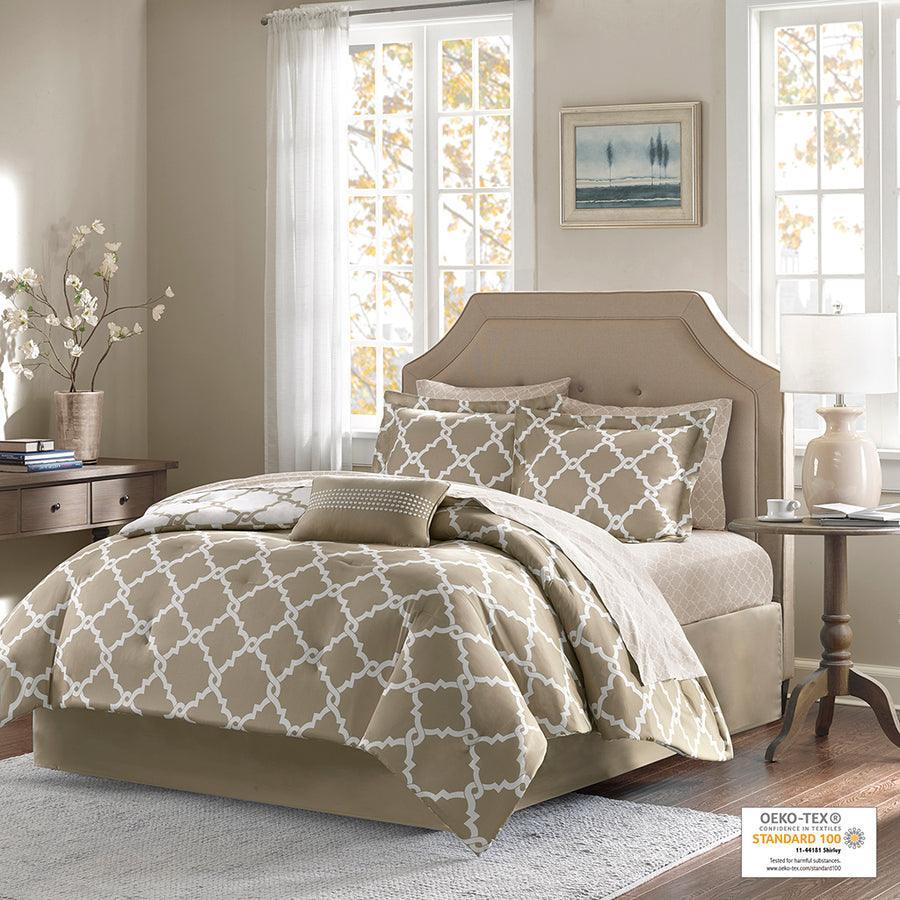 Merritt Transitional Comforter and Cotton Sheet Set Taupe Full Olliix.com