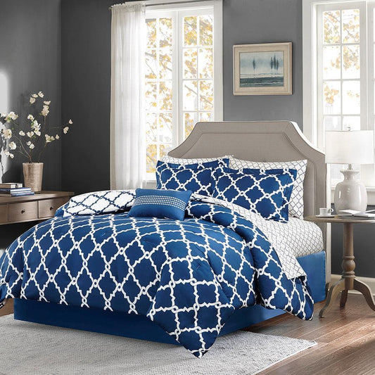 Merritt Transitional Reversible Comforter and Cotton 96D x 108W Sheet Set Navy Twin Olliix.com