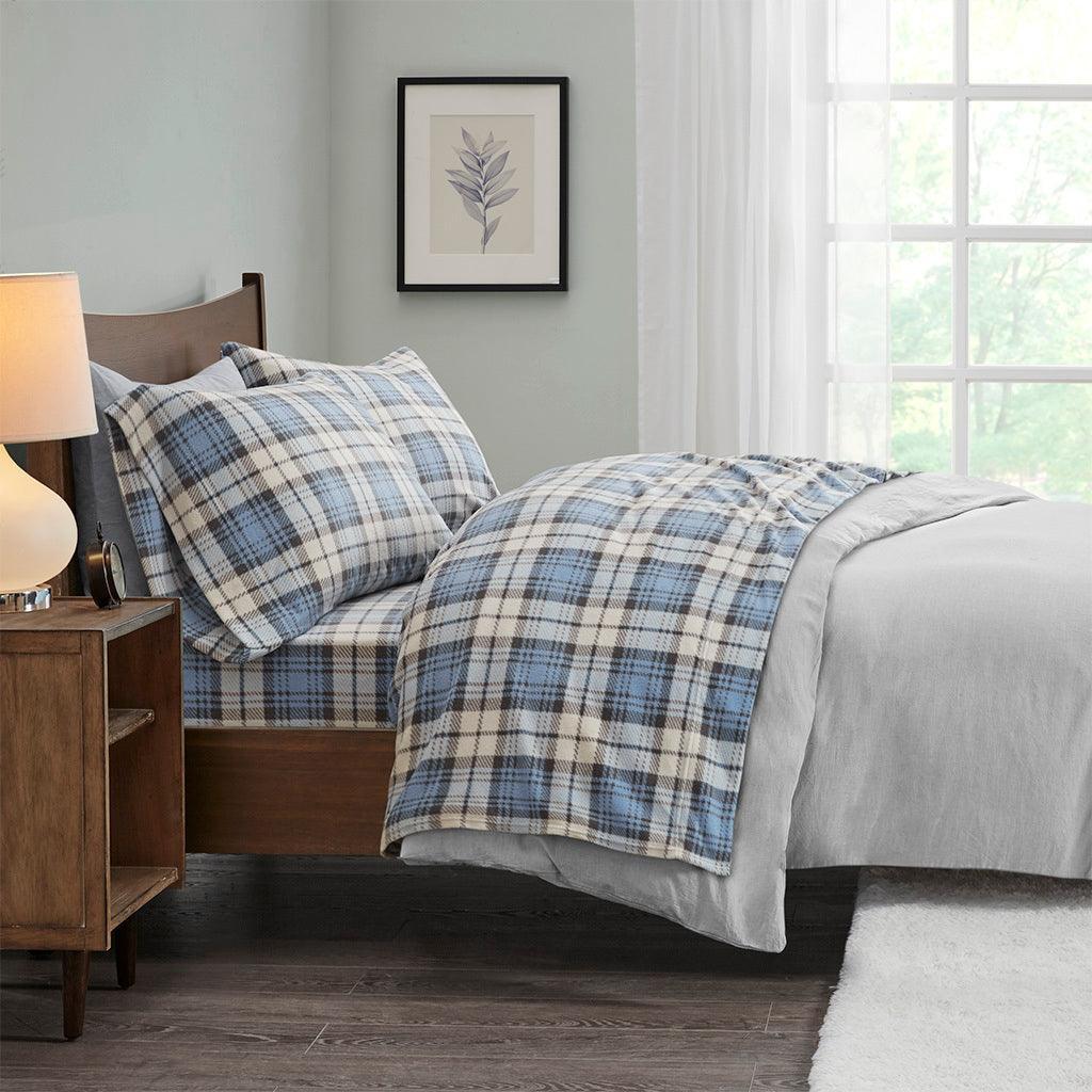 Micro Fleece King Sheet Set Blue Plaid Olliix.com