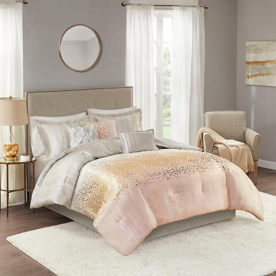 Midnight Casual Garden 7 Piece Metallic Print Comforter Set Blush Cal King Olliix.com