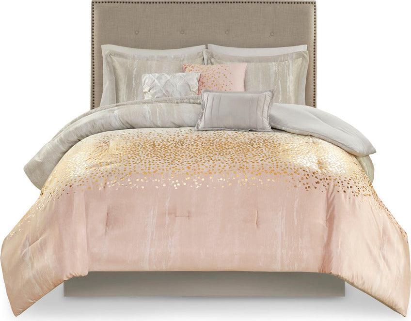 Midnight Casual Garden 7 Piece Metallic Print Comforter Set Blush Cal King Olliix.com