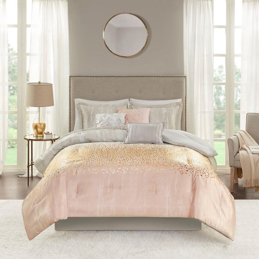 Midnight Casual Garden 7 Piece Metallic Print Comforter Set Blush Cal King Olliix.com