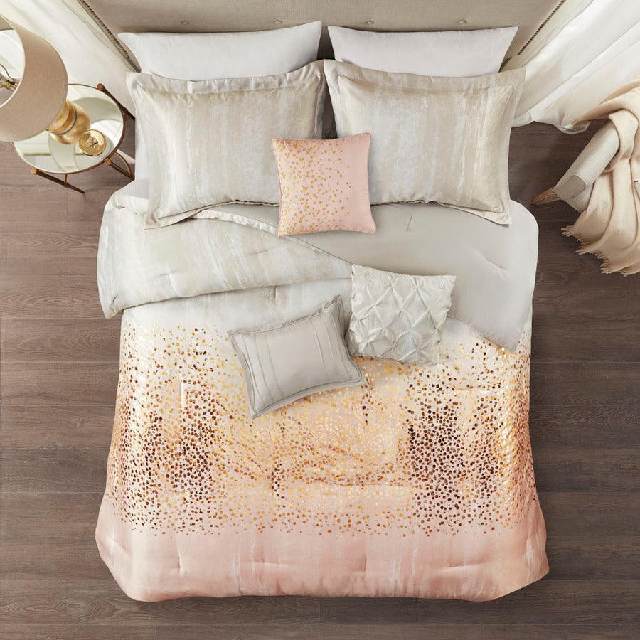 Midnight Casual Garden 7 Piece Metallic Print Comforter Set Blush Cal King Olliix.com