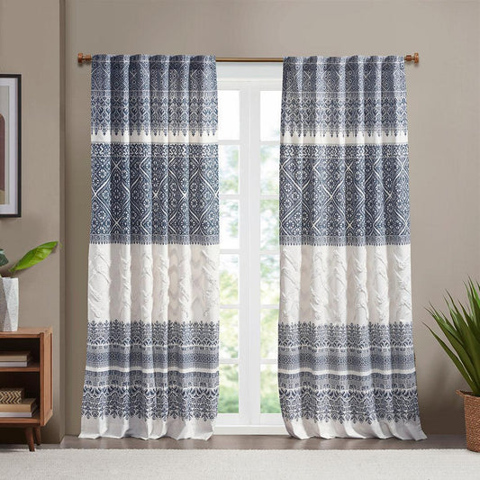 Mila 84" Cotton Printed Window Panel with Chenille detail and Lining Navy Olliix.com