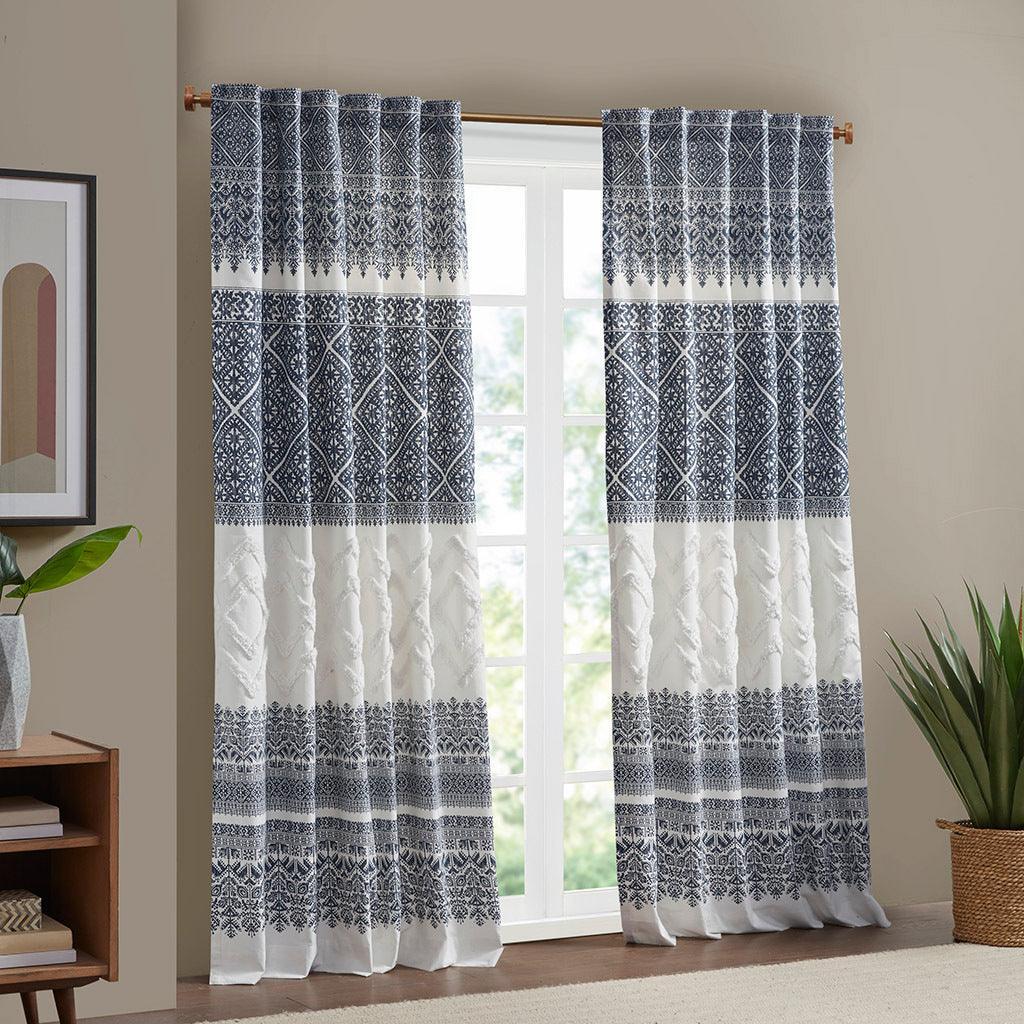 Mila 84" Cotton Printed Window Panel with Chenille detail and Lining Navy Olliix.com