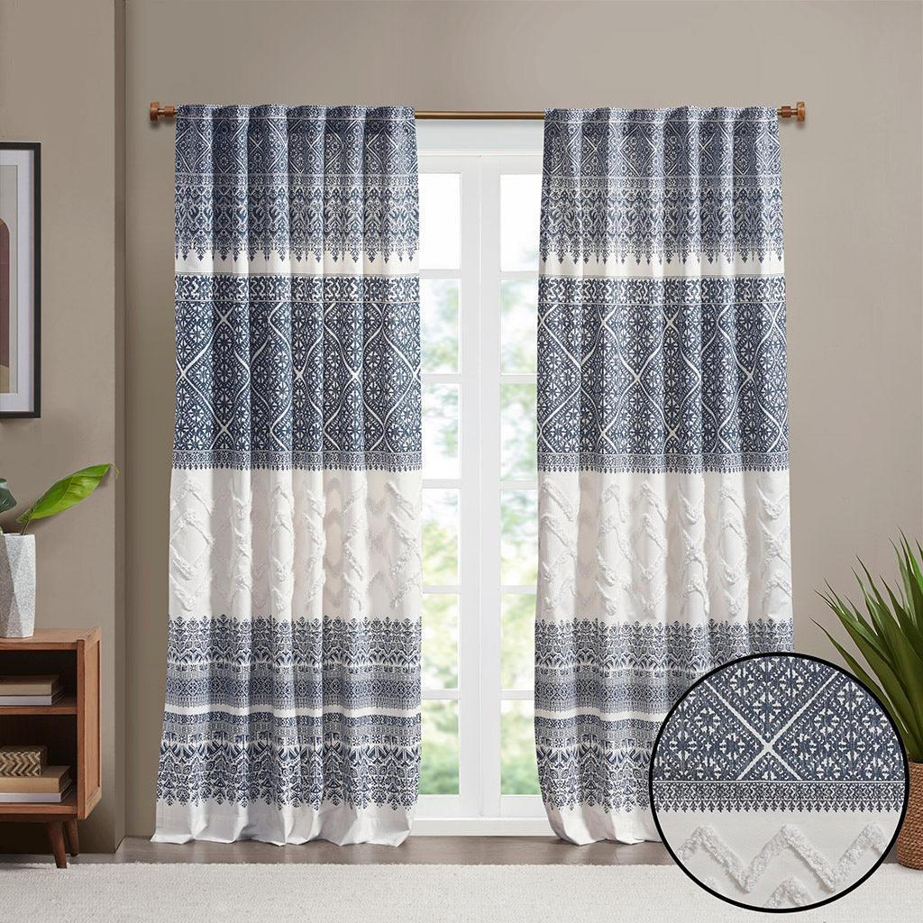 Mila 84" Cotton Printed Window Panel with Chenille detail and Lining Navy Olliix.com