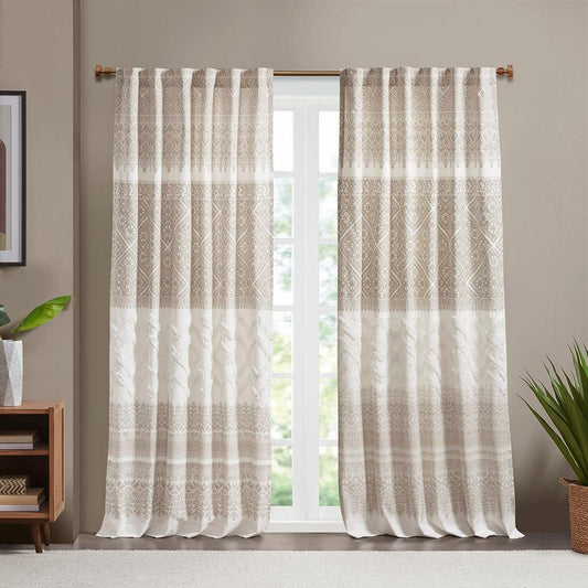 Mila 84" Cotton Printed Window Panel with Chenille detail and Lining Taupe Olliix.com