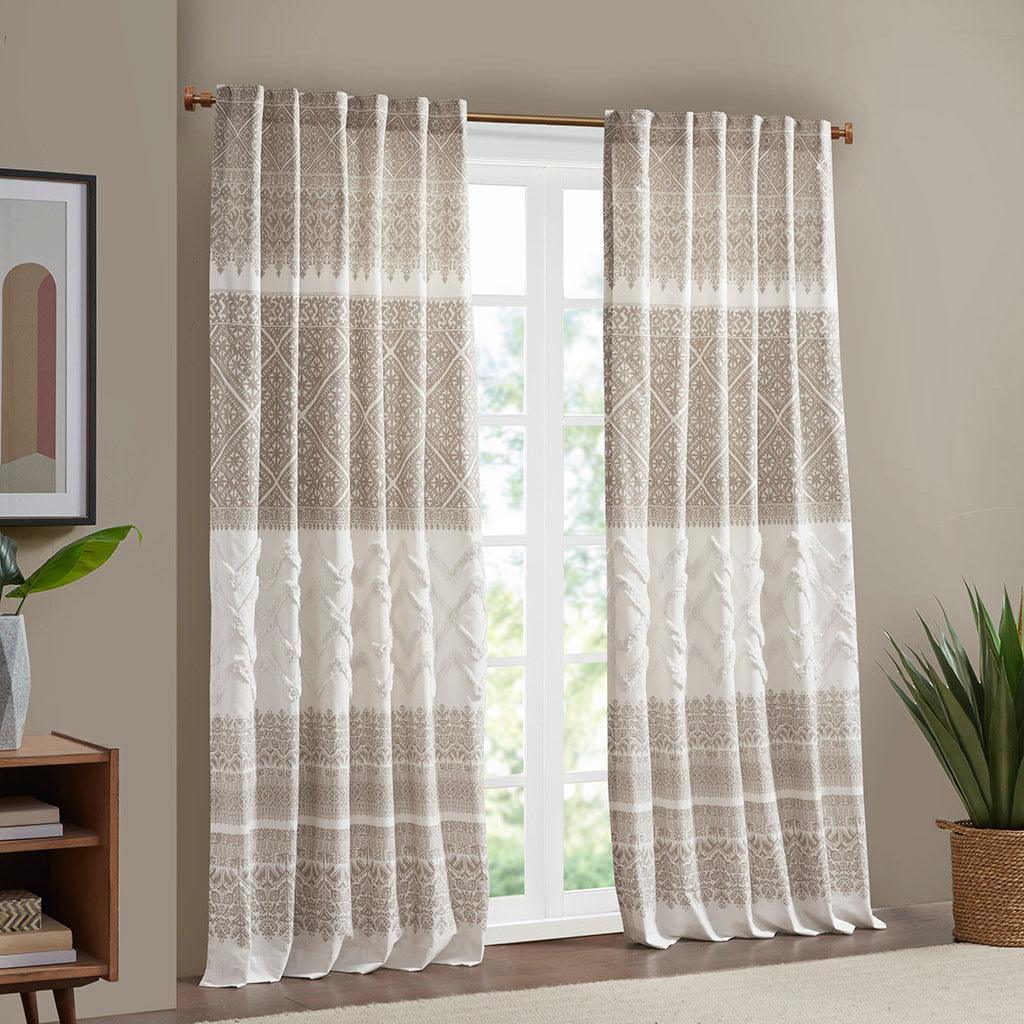 Mila 84" Cotton Printed Window Panel with Chenille detail and Lining Taupe Olliix.com