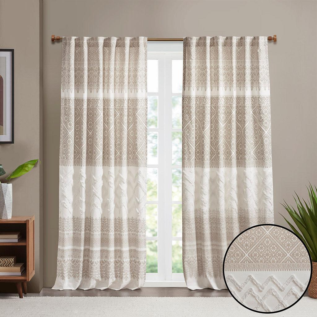 Mila 84" Cotton Printed Window Panel with Chenille detail and Lining Taupe Olliix.com