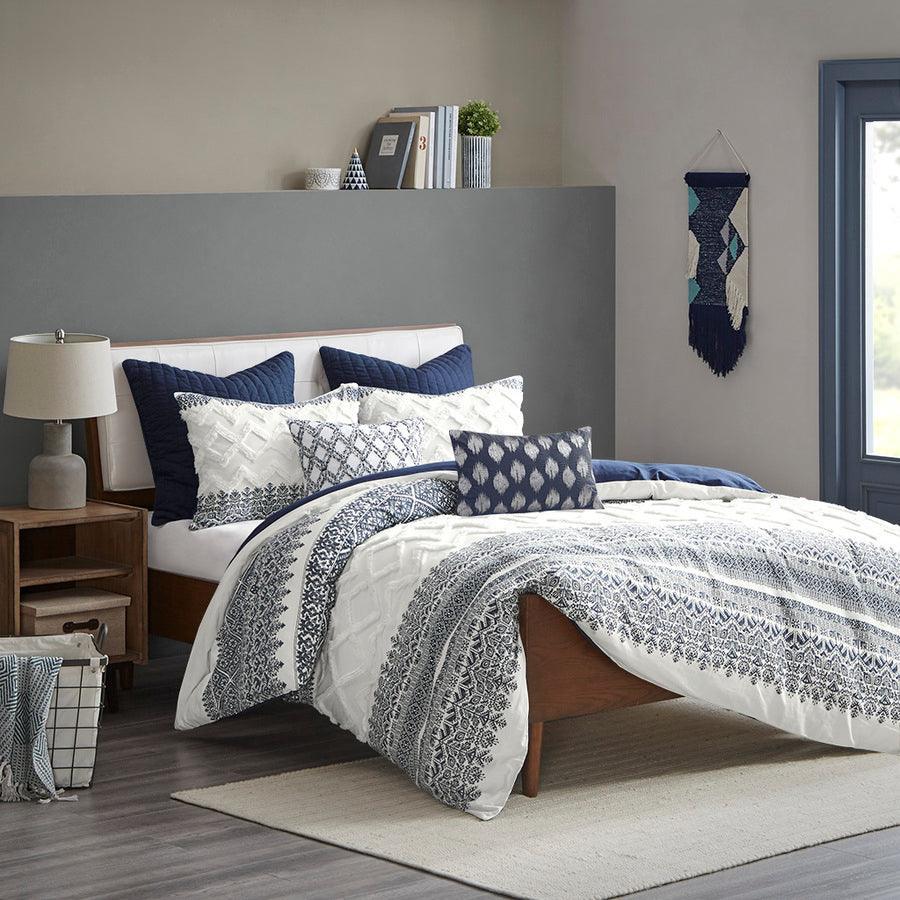 Mila Cotton Printed Comforter Set with Chenille Navy Full/Queen Olliix.com