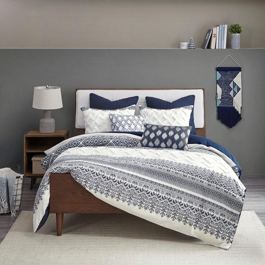 Mila Cotton Printed Comforter Set with Chenille Navy Full/Queen Olliix.com