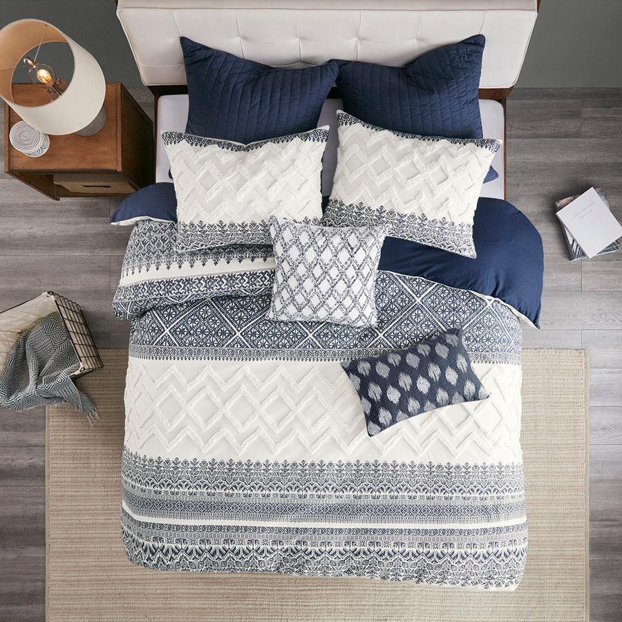 Mila Cotton Printed Comforter Set with Chenille Navy Full/Queen Olliix.com