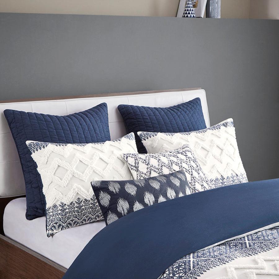 Mila Cotton Printed Comforter Set with Chenille Navy Full/Queen Olliix.com