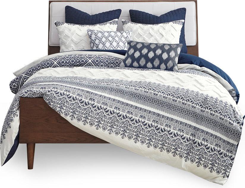 Mila Cotton Printed Comforter Set with Chenille Navy Full/Queen Olliix.com