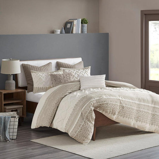 Mila Cotton Printed Comforter Set with Chenille Taupe Full/Queen Olliix.com