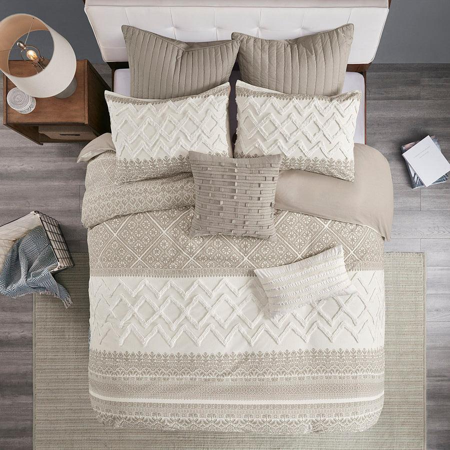 Mila Cotton Printed Comforter Set with Chenille Taupe Full/Queen Olliix.com