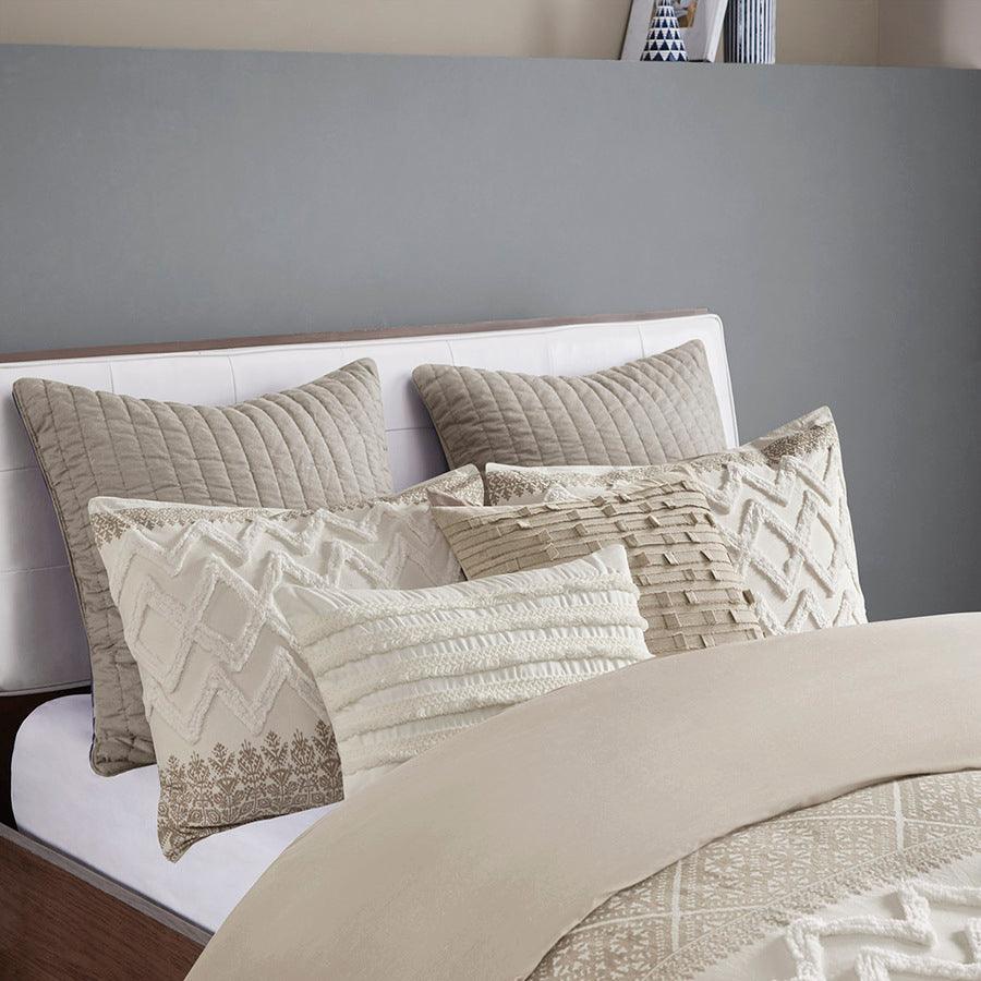 Mila Cotton Printed Comforter Set with Chenille Taupe Full/Queen Olliix.com