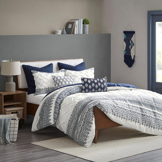 Mila Full/Queen Cotton Printed Duvet Cover Set with Chenille Navy Olliix.com