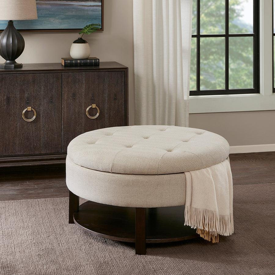 Miller Traditional Round Storage Ottoman DIA 36 x 20H" Cream & Brown Olliix.com