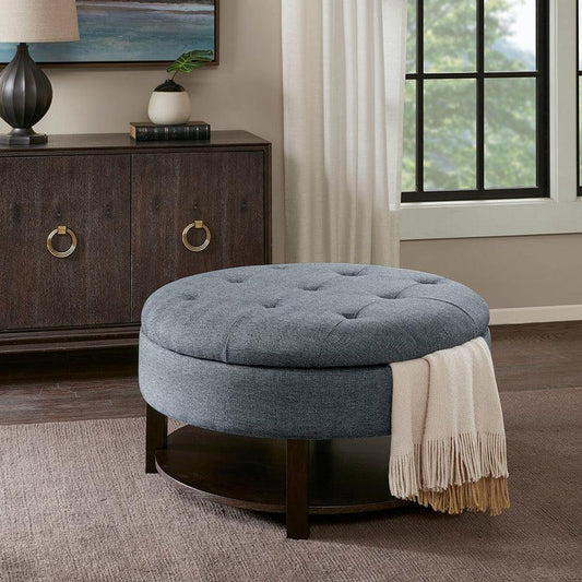 Miller Traditional Round Storage Ottoman DIA 36 x 20H" Denim & Morrocco Olliix.com