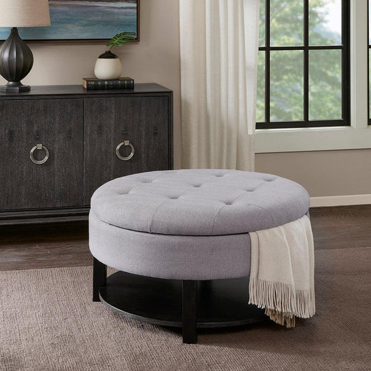 Miller Transitional Round Storage Ottoman Dia. 36" X 20" H Light Gray Olliix.com