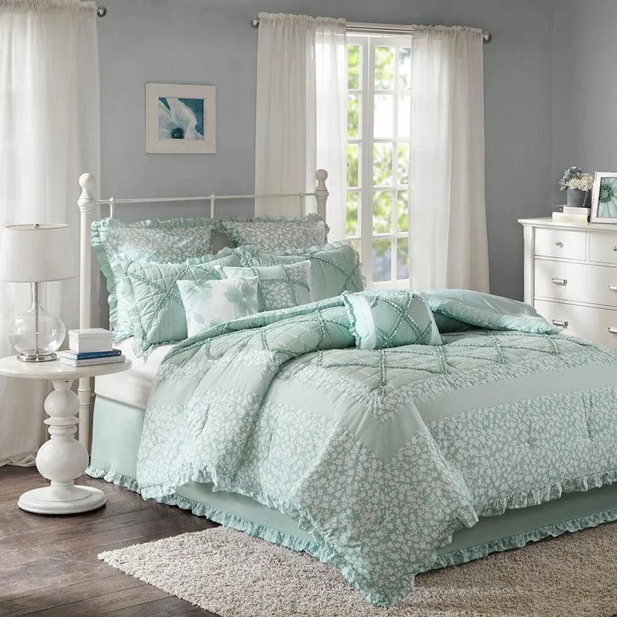 Mindy California King 9 Piece Cotton Cottage & Country Percale Comforter Set Seafoam Olliix.com