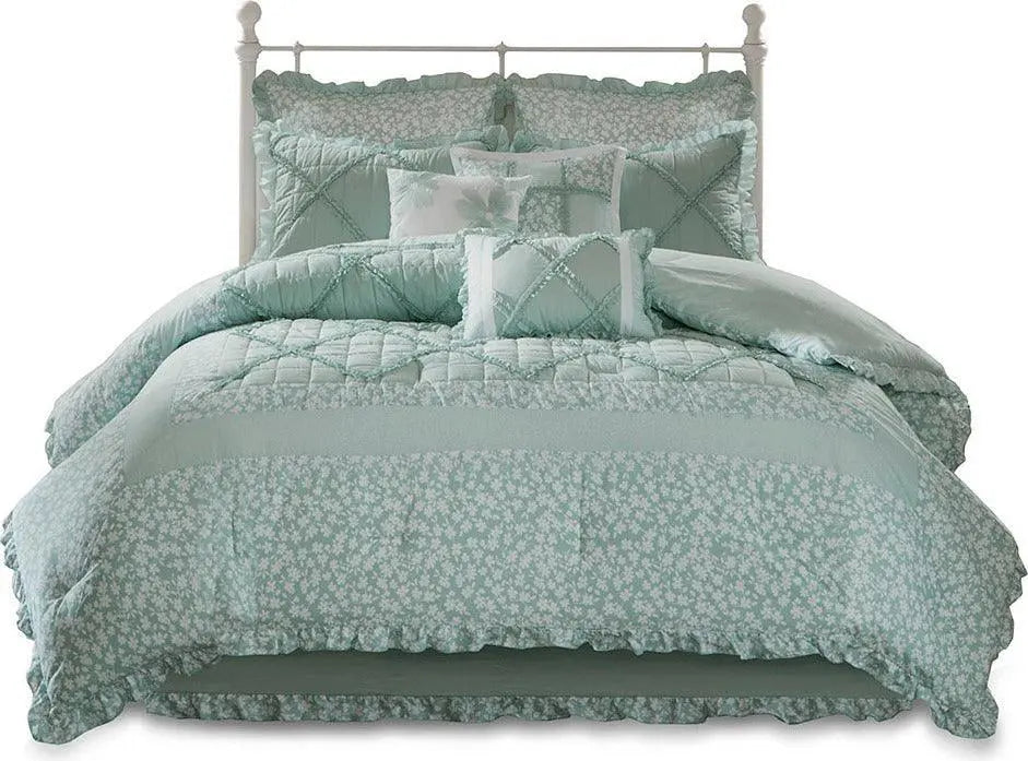Mindy California King 9 Piece Cotton Cottage & Country Percale Comforter Set Seafoam Olliix.com