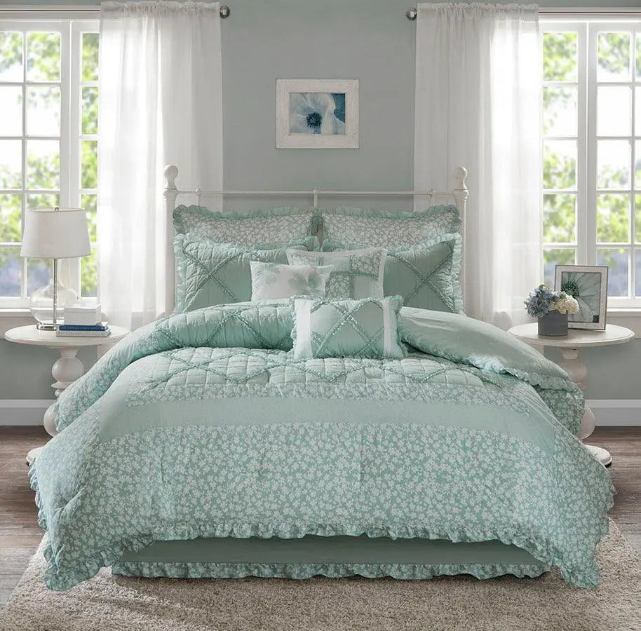 Mindy California King 9 Piece Cotton Cottage & Country Percale Comforter Set Seafoam Olliix.com