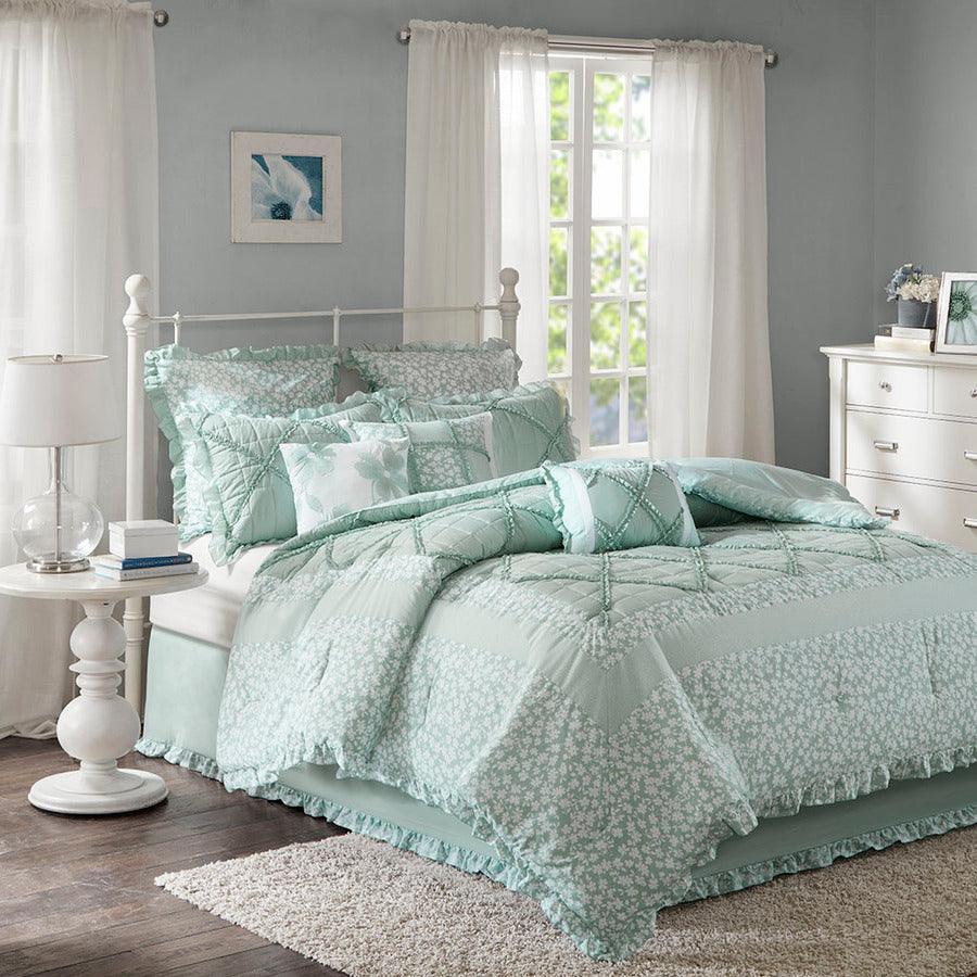 Mindy Queen 9 Piece Cotton Percale Comforter Set Seafoam Olliix.com