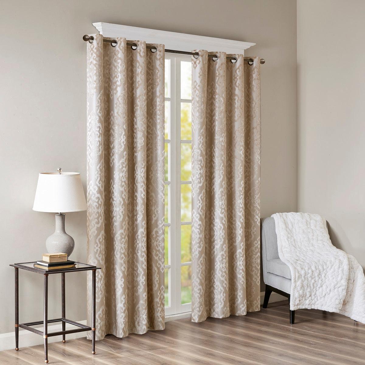 Mirage 108 H Knitted Jacquard Damask Total Blackout Grommet Top Curtain Panel Champagne Olliix.com