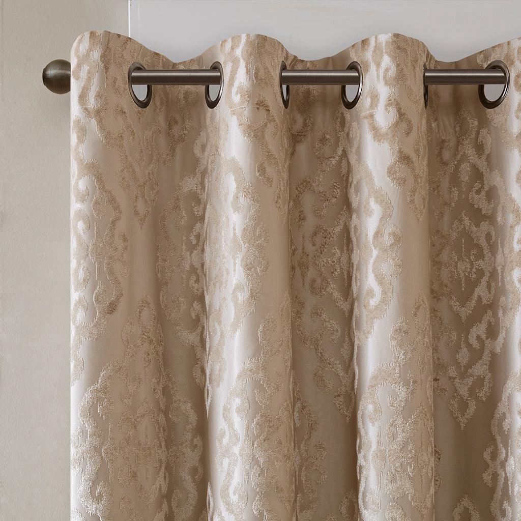 Mirage 108 H Knitted Jacquard Damask Total Blackout Grommet Top Curtain Panel Champagne Olliix.com