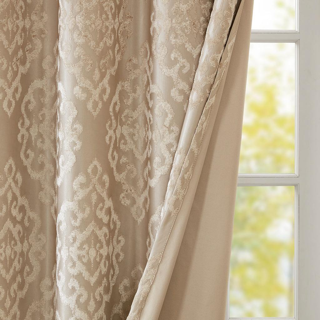 Mirage 108 H Knitted Jacquard Damask Total Blackout Grommet Top Curtain Panel Champagne Olliix.com