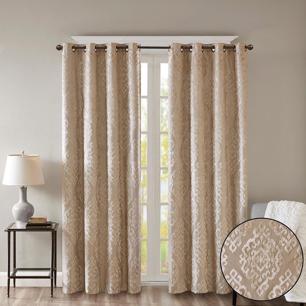 Mirage 108 H Knitted Jacquard Damask Total Blackout Grommet Top Curtain Panel Champagne Olliix.com