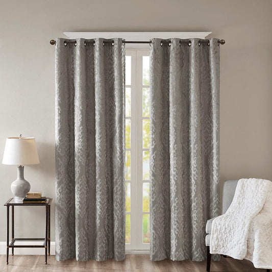 Mirage 108 H Knitted Jacquard Damask Total Blackout Grommet Top Curtain Panel Charcoal Olliix.com