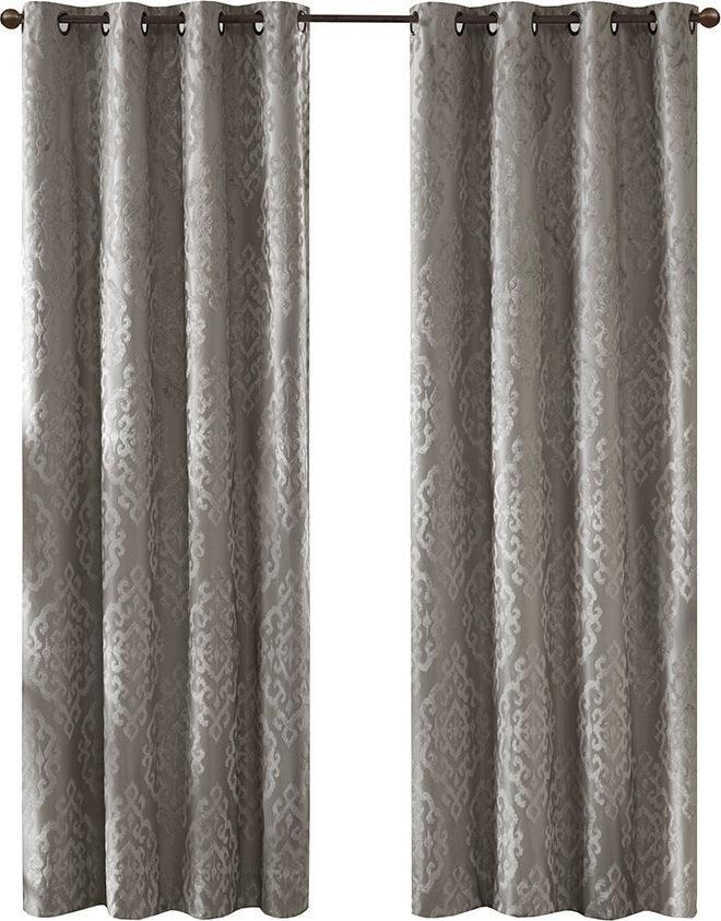 Mirage 108 H Knitted Jacquard Damask Total Blackout Grommet Top Curtain Panel Charcoal Olliix.com